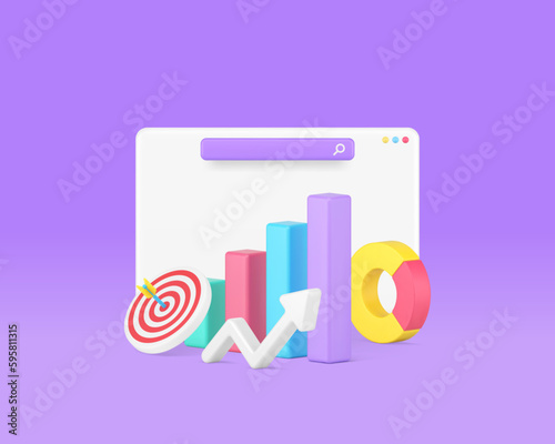 Commercial analyzing internet browser workflow bar graph diagram dynamic arrow 3d icon vector
