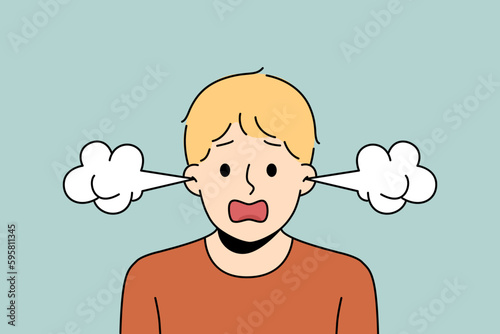 Portrait of furious boy with steam coming from ears suffer from anger and emotions. Mad child feel angry and annoyed with emotional control. Vector illustration. 