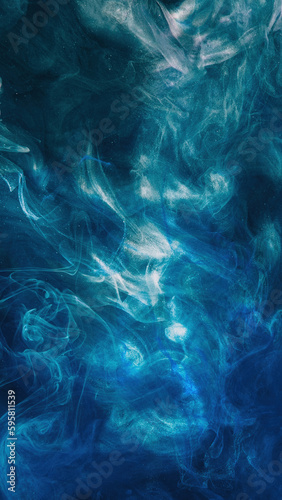 Vapor cloud. Paint water. Mist texture. Sea wave. Blue color glossy steam haze cloud floating abstract art background with free space. © golubovy