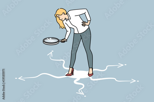 Businesswoman with magnifying glass looking at roads directions. Female employee with magnifier search find correct way. Vector illustration. 
