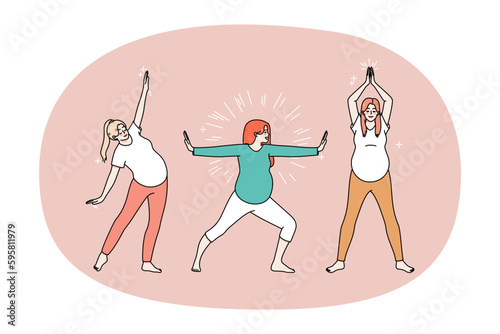 Active pregnant women do morning exercises follow healthy lifestyle. Energetic sportive girl enjoy pregnancy do sports train or workout. Pilates and stretching. Motherhood. Vector illustration.