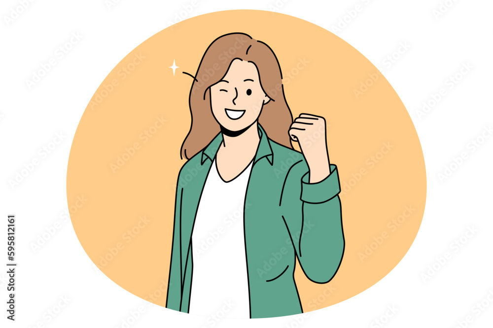 Power success and positive emotions concept. Smiling woman standing showing fist meaning success luck and achieving some goal vector illustration Power success and positive emotions concept. Smiling woman standing showing fist meaning success luck and achieving some goal vector illustration