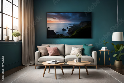 The interior design of a living room that's perfect for a movie lover, with comfortable seating and a large screen for watching films  | Generative AI