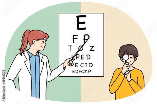 Happy caring female doctor check sight of small boy child in hospital. Woman ophthalmologist examine eyesight of little kid in clinic. Healthcare and medicine concept. Vector illustration.