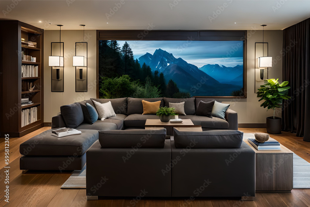 The interior design of a living room that's perfect for a movie lover, with comfortable seating and a large screen for watching films | Generative AI The interior design of a living room that's perfect for a movie lover, with comfortable seating and a large screen for watching films | Generative AI