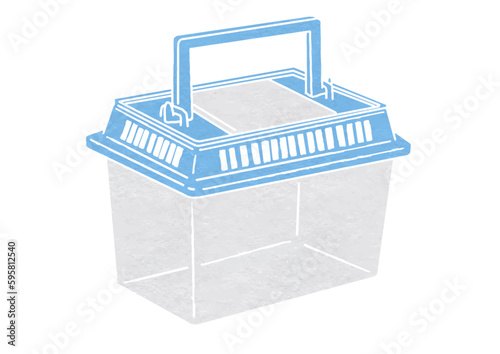 青色の持ち手付き飼育ケースのイラスト（版画風）
