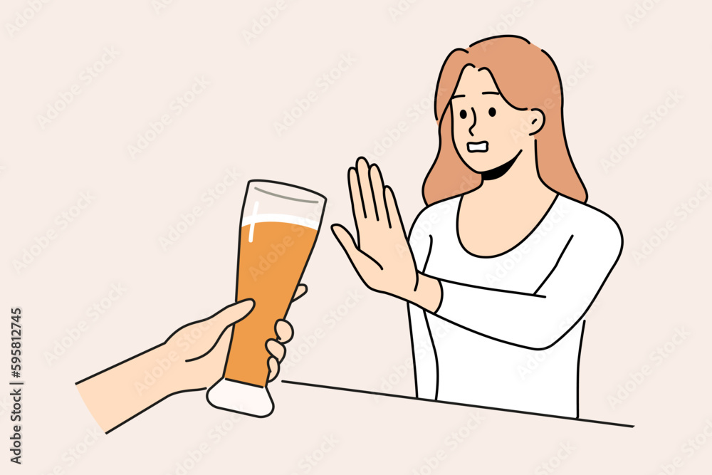 Woman refuse from extra glass of beer at bar. Decisive girl say no to alcoholic drink and excessive alcohol consumption. Addiction problem. Vector illustration. Woman refuse from extra glass of beer at bar. Decisive girl say no to alcoholic drink and excessive alcohol consumption. Addiction problem. Vector illustration.