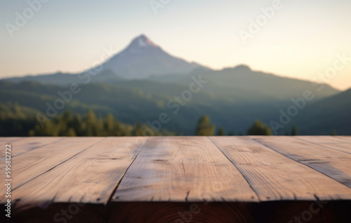 Wooden Table Top with Blurred Mountains Background. Empty Space for Product Display. Travel  Hiking  Tourism Banner. Generative AI.