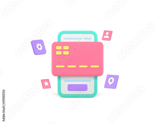 Online banking smartphone application credit debit card payment service 3d icon realistic vector
