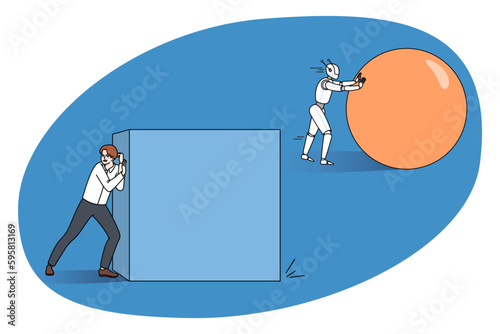 Robot push sphere leading businessman pushing box. Concept of work automatization and new modern technologies. Artificial intelligence in human job community. Vector illustration.