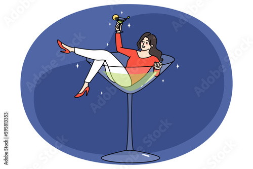 Overjoyed young woman lying in martini glass having fun drinking alcohol. Concept of bad habit or addiction. Happy girl addicted to alcoholic beverages. Alcoholism problem. Vector illustration.
