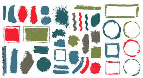 Acrylic distorted brushstroke vector collection. Hand drawn border box swash shapes. Spill blot web label stamp set. Brushstroke gouache spots drawing.