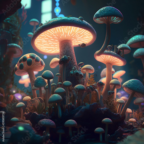 Big illuminated mushroom surrounded by various little mushrooms and plants on blurred background generative AI