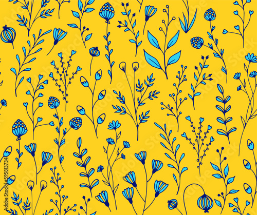 Floral fabric print for dress with cute tiny meadow flowers abstract illustra...