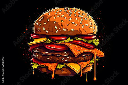 juicy burger in vector graphic style for t-shirt print. Generative AI.