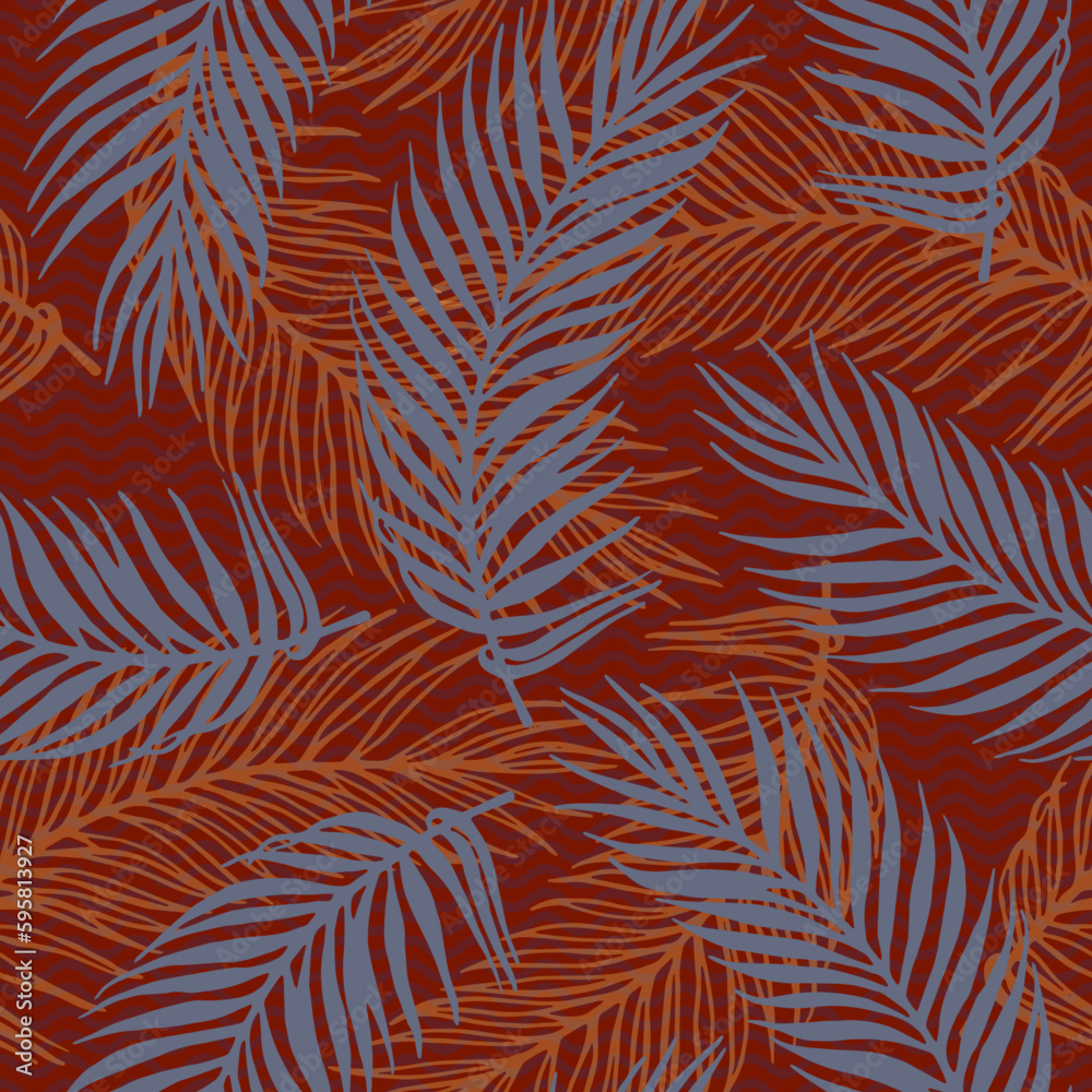 Repeat tropical palm leaves vector pattern. Floral elements over waves texture