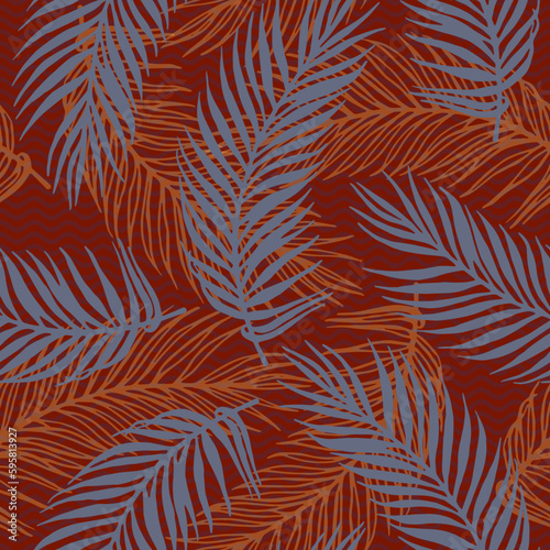Repeat tropical palm leaves vector pattern. Floral elements over waves texture