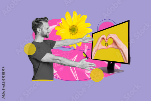 Artwork template 3d collage of positive happy guy open arms cuddle watching looking big pc monitor heart symbol on drawing background