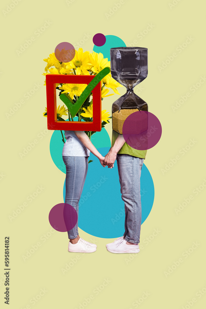 Vertical 3d collage artwork of weird unusual people no faces hold hands met on time enjoy date