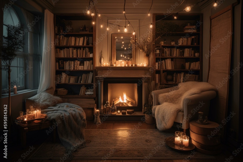 Cozy living room with lit fireplace, candles, and lined bookshelves. Generative AI