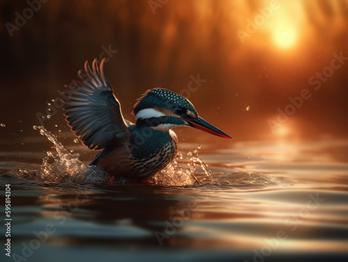 Kingfisher in the water at sunset. Generative AI © Tamazina