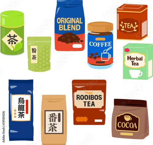 市販の茶葉とコーヒー豆のイラストセット