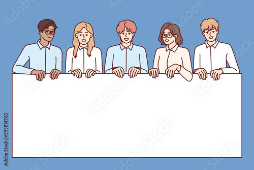 Business people together hold blank banner designed for corporate advertising or commercial offer. Diverse business people from company or startup demonstrating billboard with copy space