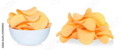 Set of Potato Chips Heap and Chips in Bowl, on transparent background