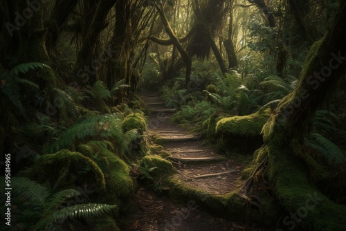 Trail in the enchanted woods of Goblin Forest on Mount Taranaki, New Zealand. Generative AI