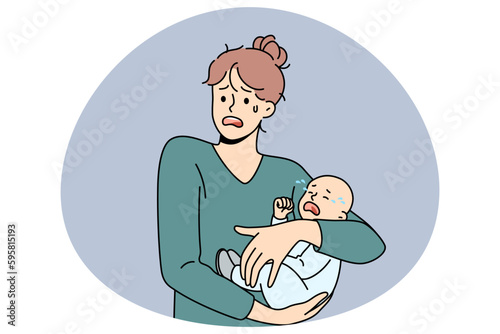 Motherhood problems and stress concept. Young stressed woman mother holding her crying infant baby on hands feeling nervous frustrated postpartum depression vector illustration