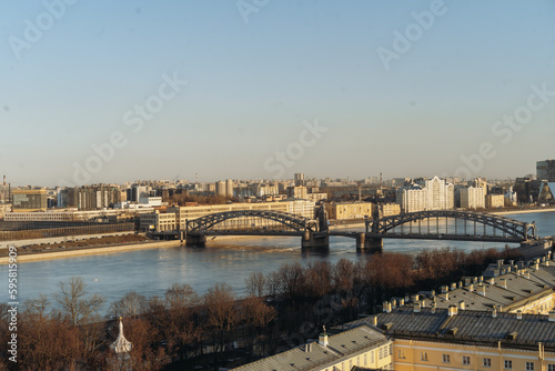 aerial view of saint petersburg. bolsheokhtinsky bridge, Neva river and roof tops on summer evening