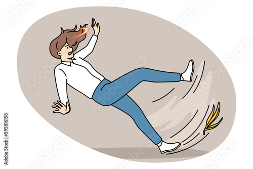 Accident and slippery floor concept. Frustrated stressed woman falling down with banana shelf at her foot suddenly falling vector illustration