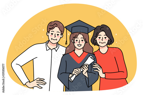Portrait of happy parents with smiling millennial daughter in graduation cap and mantle. Proud mother and father with girl child graduate from school or university. Education success concept.