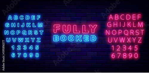Fully booked neon label. Glowing sign on brick wall. Online hotel booking. Vector stock illustration