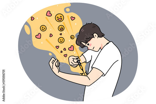 Young man inject likes and hearts with syringe. Concept of public approval and social media addiction. Acknowledgment and feedback dose. Mental problem. Flat vector illustration.