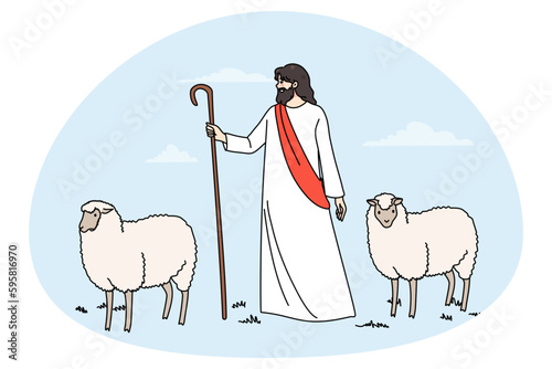 Jesus Christ and lambs walk in field. Biblical story of Jesus as shepherd. Concept of religion and faith. Religious scene, superstition and belief. Flat vector illustration, cartoon character.