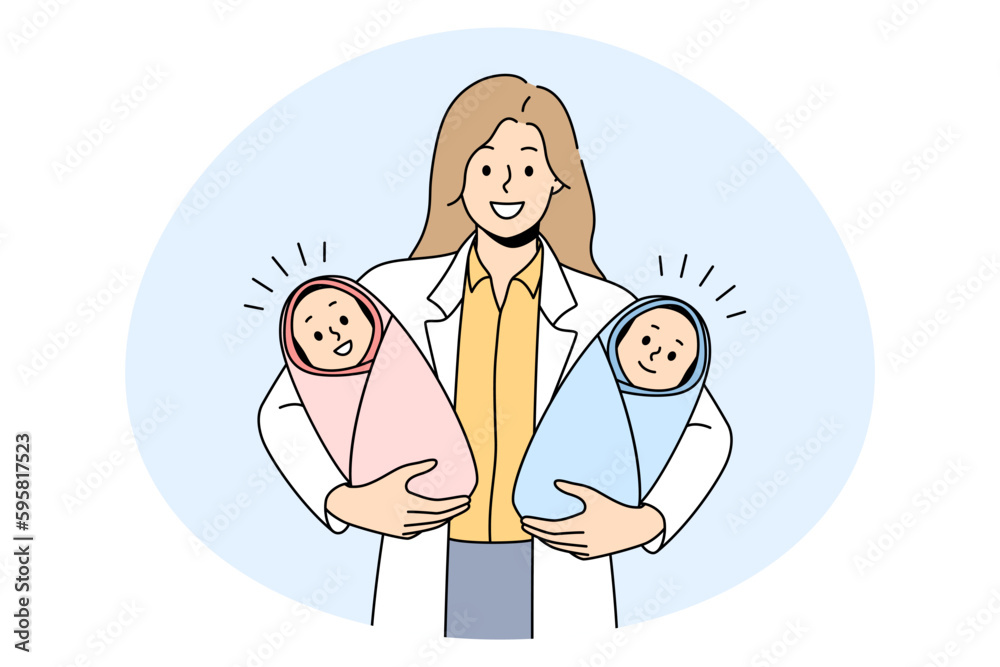 Giving birth to twins concept. Young woman doctor nurse midwife standing and holding twins boy and girls newborn infant in hands in clinic vector illustration Giving birth to twins concept. Young woman doctor nurse midwife standing and holding twins boy and girls newborn infant in hands in clinic vector illustration