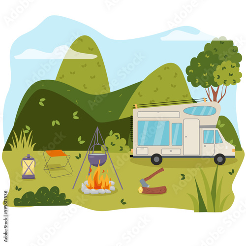 Camping concept art. Flat style illustration of beautiful landscape, mountains, forest, camper and a campfire. Design for banner, poster, website, emblem, logo and others.