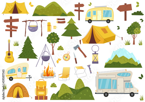 Camping and hiking elements. Forest hike icon set.Wanderlust scout adventure icons.