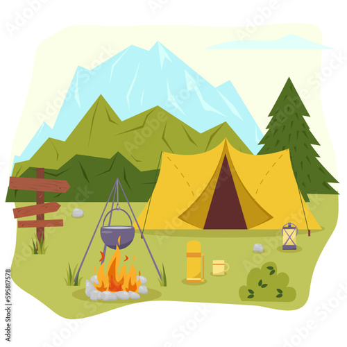 Camping concept art. Flat style illustration of beautiful landscape, mountains, forest, tent, and a campfire. Design for banner, poster, website, emblem, logo and others.