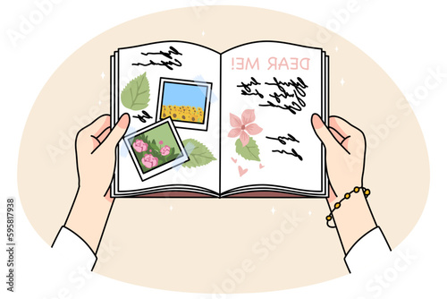 Woman hands hold diary read memories see pictures and photos from past. Female consider message or text in notebook. Note or mail to self concept. Flat vector illustration.
