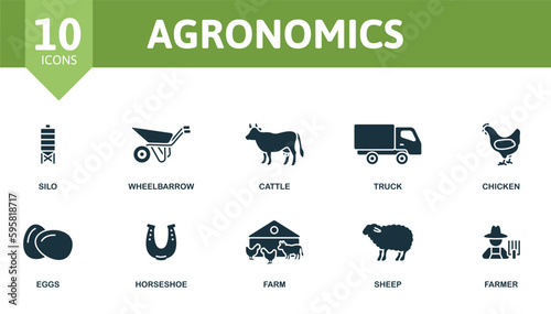 Agronomics outline set. Creative icons: silo, wheelbarrow, cattle, truck, chicken, eggs, horseshoe, farm, sheep, farmer.