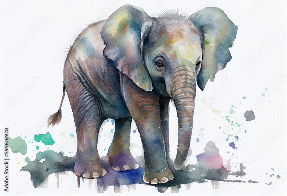 Watercolor painting of a cute baby elephant. Generative AI
