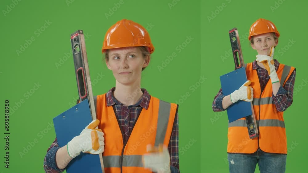 2-in-1 Split Green Screen Collage:Young Confident Female Builder in Checkered Shirt,Safety Jacket,Helmet,Gloves,Lifting Hand to Face,Looking Thoughtfully at the Camera.Multiple Clips Best Value Pack 2-in-1 Split Green Screen Collage:Young Confident Female Builder in Checkered Shirt,Safety Jacket,Helmet,Gloves,Lifting Hand to Face,Looking Thoughtfully at the Camera.Multiple Clips Best Value Pack