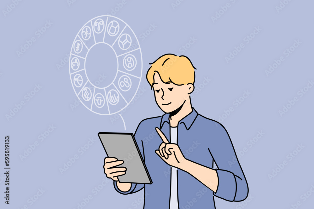 Man with tablet reading horoscope. Guy look at pad screen engaged in astrology reading. Zodiac sign. Vector illustration. Man with tablet reading horoscope. Guy look at pad screen engaged in astrology reading. Zodiac sign. Vector illustration.