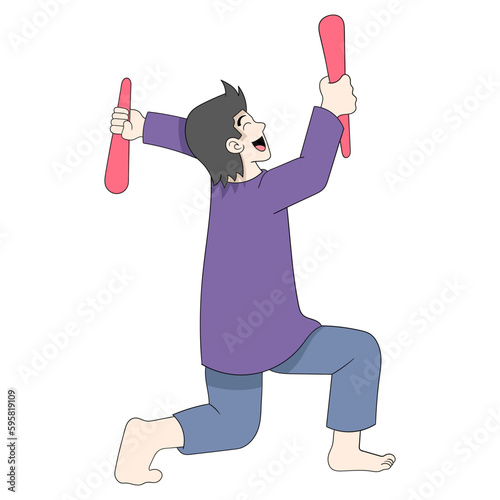 squatting man holding a club for drums