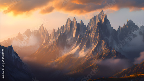 Golden Hour Shot Showcases Majestic Mountain Range with Stunning Peaks and Wildlife.