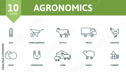 Agronomics outline set. Creative icons: silo, wheelbarrow, cattle, truck, chicken, eggs, horseshoe, farm, sheep, farmer.