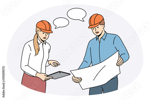 Construction engineers and workers concept. Young woman and man workers engineers teammates in helmets standing and discussing plan of blueprints construction vector illustration