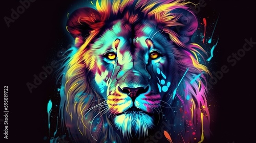 Portrait illustration of a Lion in vibrant colors. Abstract neon. Generative ai